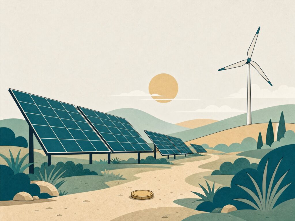 Illustration: Solarfeld und Windrad in warmer Landschaft als Sinnbild fuer Impact-Energieprojekte bei Bettervest