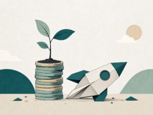 Illustration: Setzling waechst aus einem Topf aus Muenzen neben einer Papierrakete als Sinnbild fuer Startup-Investments