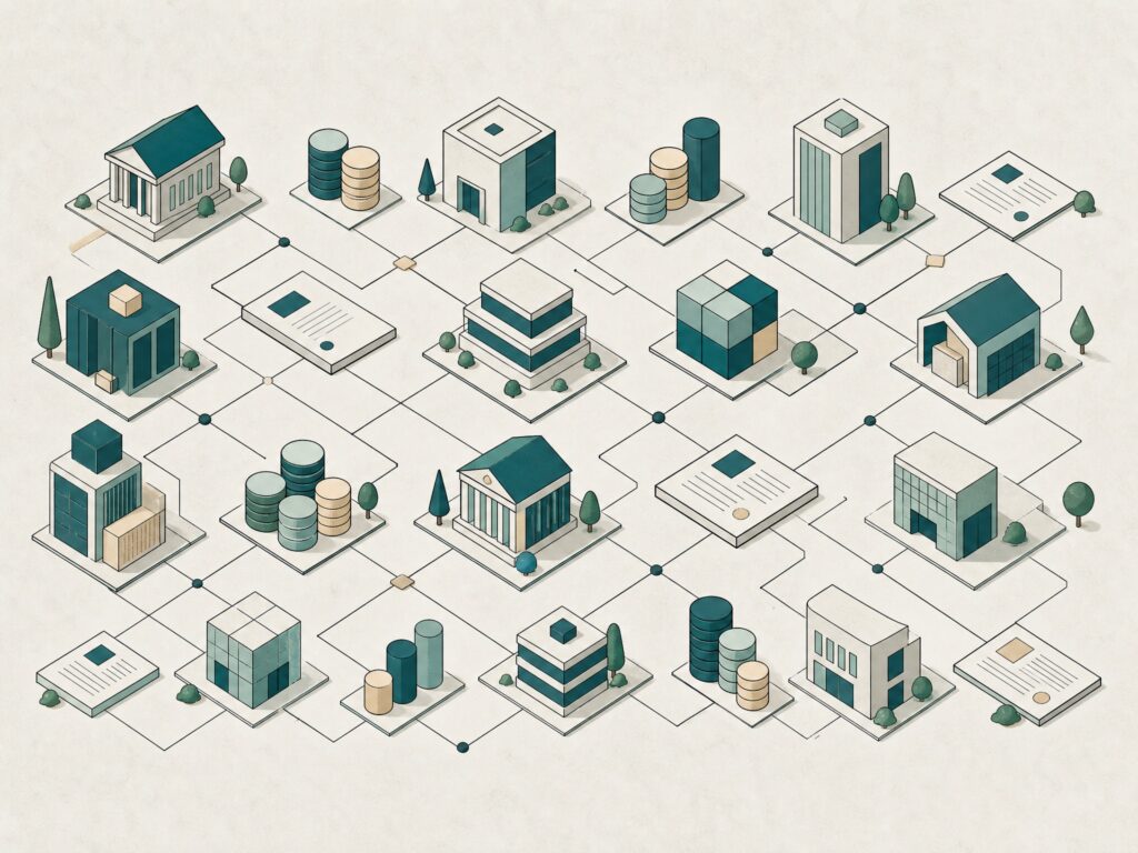 Illustration: Landkarte aus Gebaeuden, Muenzstapeln und Dokumenten als Sinnbild fuer den Vergleich von Crowdfunding-Plattformen
