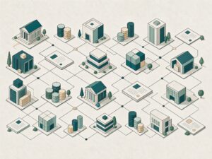 Illustration: Landkarte aus Gebaeuden, Muenzstapeln und Dokumenten als Sinnbild fuer den Vergleich von Crowdfunding-Plattformen