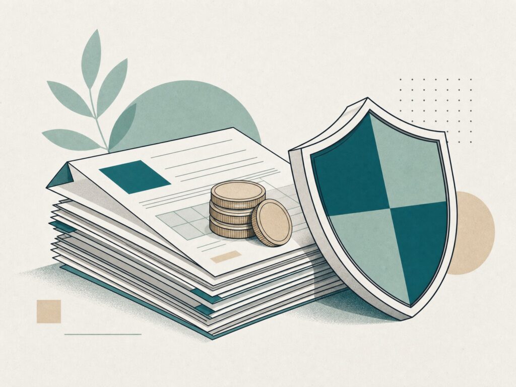 Illustration: Stapel von Rechnungsdokumenten mit Muenzen und Schutzschild als Sinnbild fuer besicherte Geschaeftskredite bei Debitum
