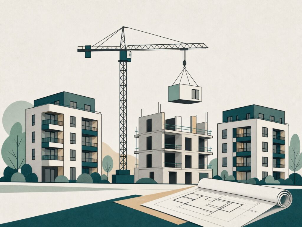Illustration: Baukran und Wohngebaeude mit Bauplan als Sinnbild fuer Immobilien-Crowdinvesting
