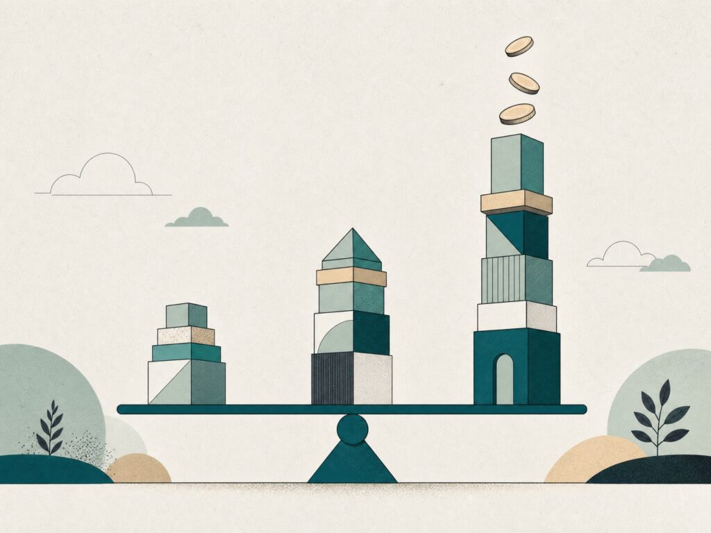 Illustration: drei unterschiedlich hohe Tuerme auf einem Balancebalken als Sinnbild fuer Risiko und Rendite von Income, Loanch und Finbee