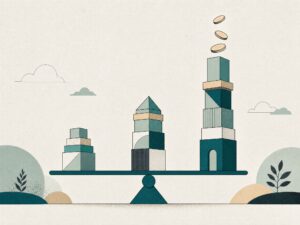 Illustration: drei unterschiedlich hohe Tuerme auf einem Balancebalken als Sinnbild fuer Risiko und Rendite von Income, Loanch und Finbee