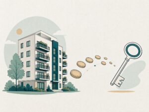 Illustration: Wohnhaus mit Schluessel und Muenzfluss als Sinnbild fuer Mietertraege bei InRento und Reental